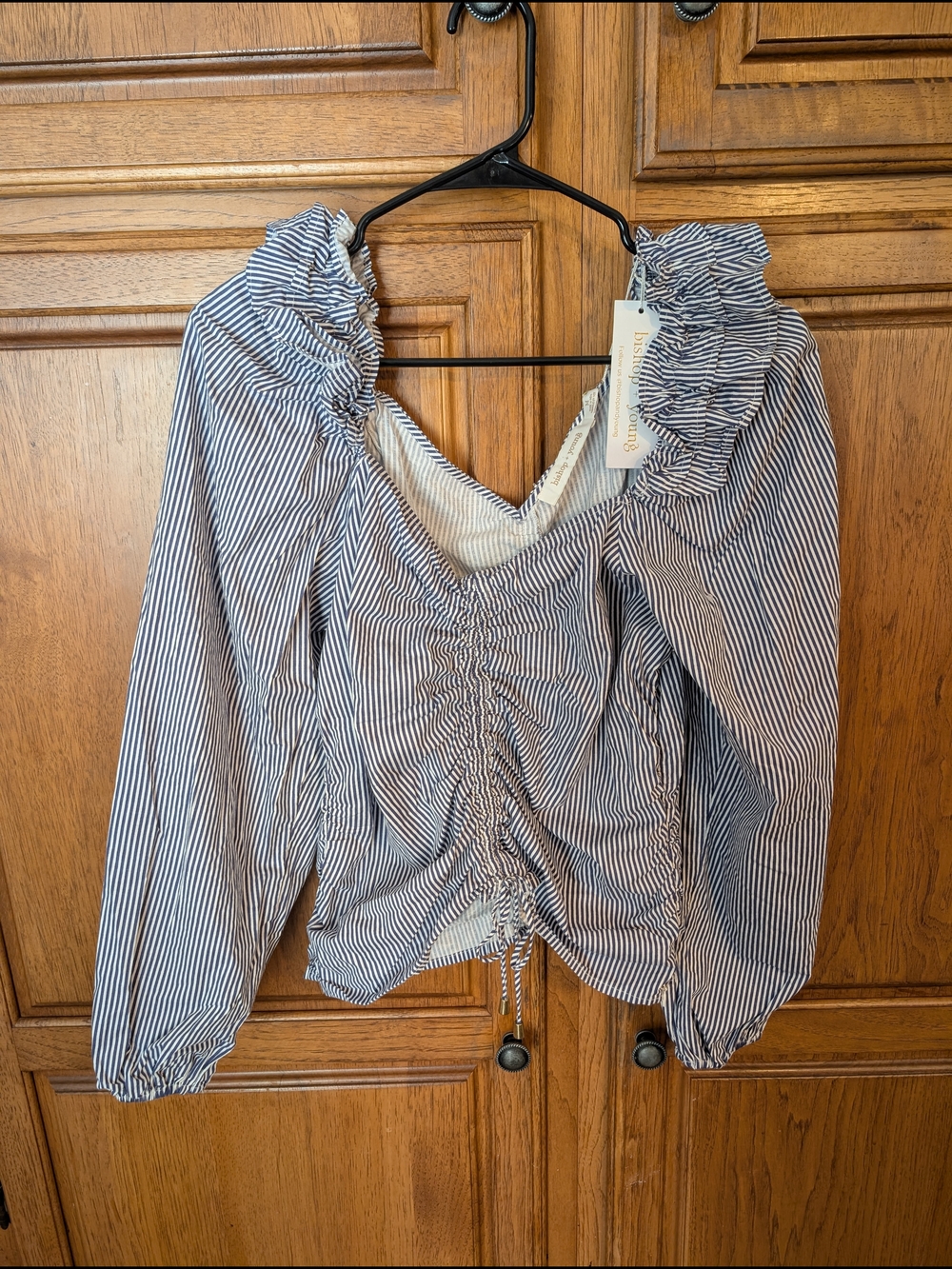 bishop + young Navy and White Striped Ruffle-Smock Blouse